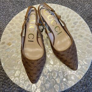 Gucci Women's Tan Monogram Slingback Heels